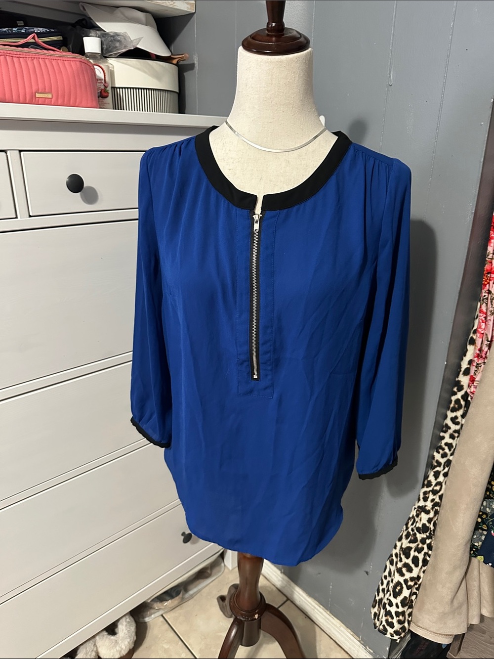 Daniel Rainn Royal Blue Zip-Front Blouse with Black Trim